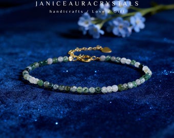 Natural Green Moss Agate Bracelet - 3mm Crystal Beads | Dainty Minimalist Bracelet | Healing Calming Jewelry | Gift for Her