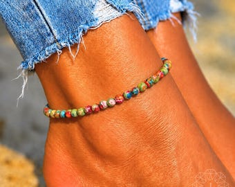 Galaxy Sea Sediment Jasper Anklet | 4mm Natural Gemstone Ankle Bracelet | Bohemian Beach Jewelry | Colorful Beaded Foot Chain | Women Gift