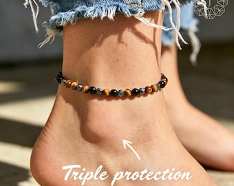 Protection Anklet, Genuine Tiger Eye Hematite Obsidian Beads, Minimalist Healing Jewelry, Waterproof Gift