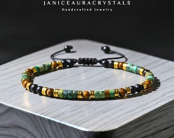 Healing Triple Protection Bracelet - African Turquoise, Tiger Eye, Black Onyx Beaded Bracelet | Stackable Adjustable Jewelry Gift