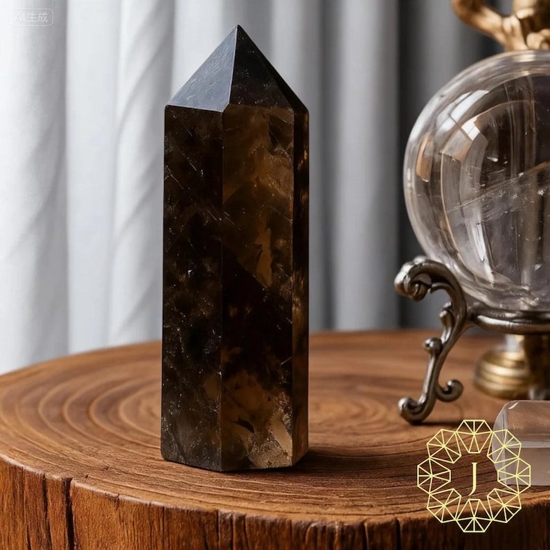 May include: A faceted, dark brown smoky quartz crystal point stands on a wooden surface. The crystal has a rectangular base and a pointed top. A clear crystal ball in a decorative metal stand is in the background.