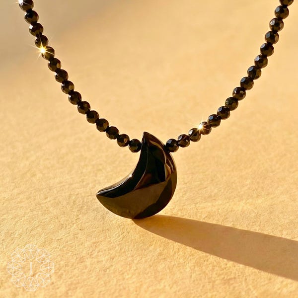 Black Obsidian Moon Choker, Tiny 2mm Bead Necklace, Dainty Gothic Jewelry, Spiritual Protection Gift