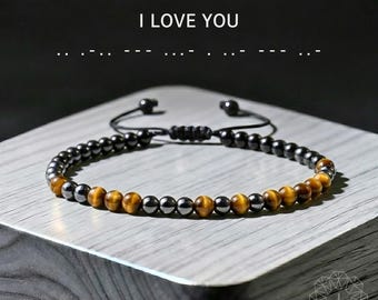 I Love You Morse Code Bracelet - Triple Protection Tiger Eye Obsidian Hematite Strength Gift