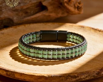 Handmade Green Aventurine Hematite Bracelet - Minimalist Ladder Beaded Design, Healing Crystal Jewelry Gift for Colleague/Dad/Boyfriend
