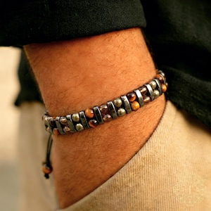 Men's Tiger Eye Pyrite Bracelet, Real Smoky Quartz Protection Jewelry, Success Prosperity Gift