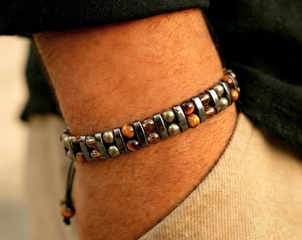Men's Tiger Eye Pyrite Bracelet, Real Smoky Quartz Protection Jewelry, Success Prosperity Gift