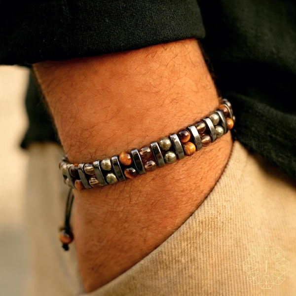 Men's Tiger Eye Pyrite Bracelet, Real Smoky Quartz Protection Jewelry, Success Prosperity Gift