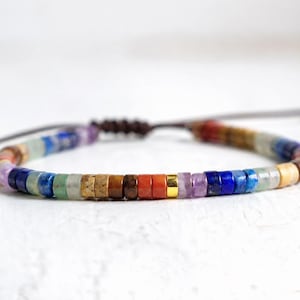 May include: A multi-colored beaded bracelet featuring small, flat, circular gemstone beads in shades of blue, green, purple, orange, and brown, accented by a single polished gold-tone metal bead and a dark brown adjustable cord closure.