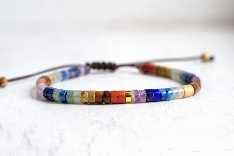 May include: A multi-colored beaded bracelet featuring small, flat, circular gemstone beads in shades of blue, green, purple, orange, and brown, accented by a single polished gold-tone metal bead and a dark brown adjustable cord closure.