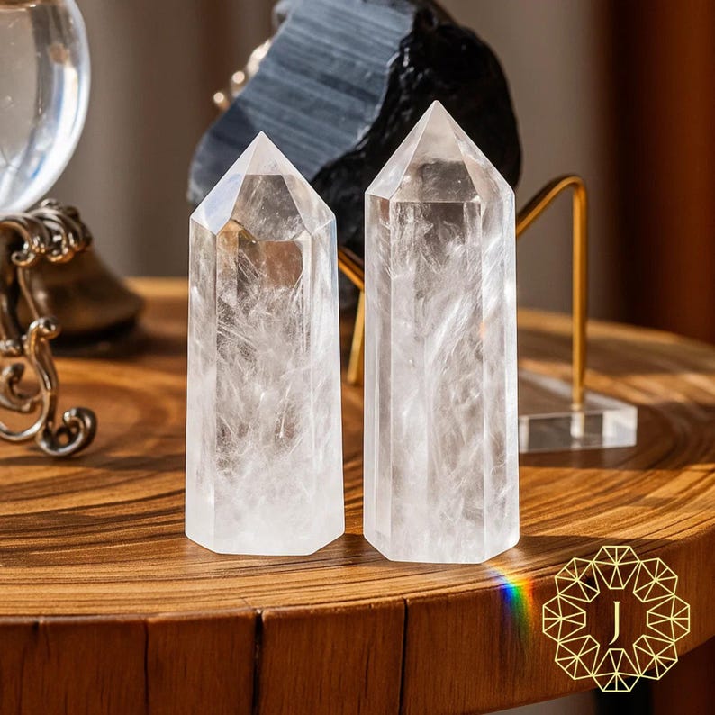 May include: Two clear quartz crystal points with sharp, faceted tips. The crystals are displayed on a wooden surface, with a gold-coloured decorative stand and a dark grey stone in the background. The crystals are approximately 15 cm tall.