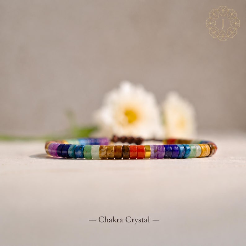 May include: A bracelet composed of small, flat, circular beads in a spectrum of colors including purple, blue, green, brown, red, orange, and yellow. The beads are arranged in a repeating pattern and secured with a dark brown cord closure.