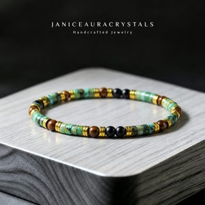 Boho Triple Protection Bracelet - African Turquoise Tiger Eye Onyx Stackable Jewelry - Healing Crystal Gift