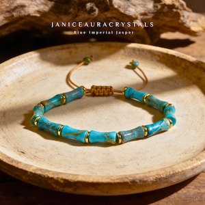 Blue Imperial Jasper Bracelet | Bamboo Shape Turquoise Gemstone Bracelet | Adjustable Macrame Healing Boho Jewelry