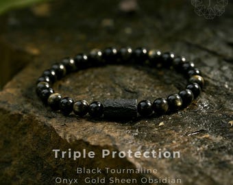 Triple Protection Bracelet, Black Tourmaline Onyx Gold Sheen Obsidian, Energy Healing Jewelry, Crystals Gift