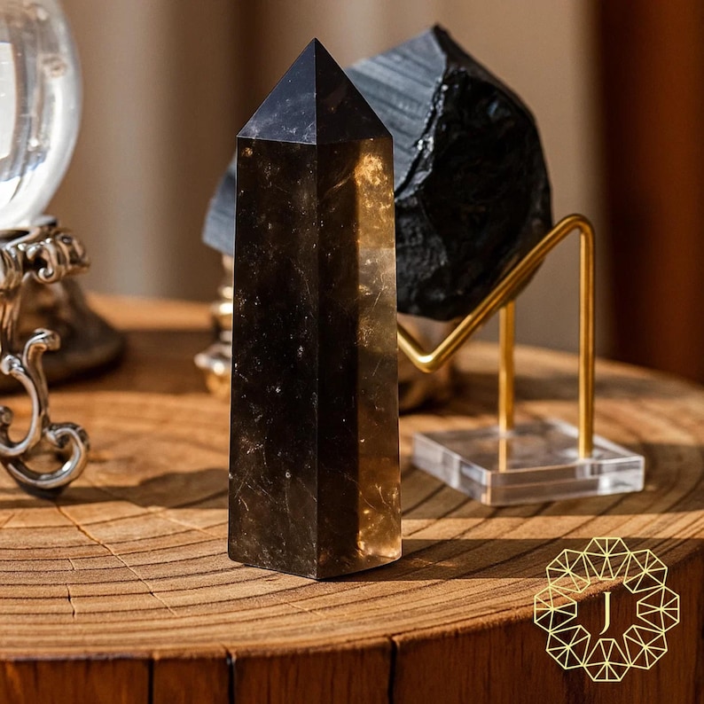 May include: A dark brown, faceted crystal tower with a pointed top. The crystal is displayed on a wooden surface, with a black stone and a gold-colored metal stand in the background. A decorative logo is in the lower right corner.