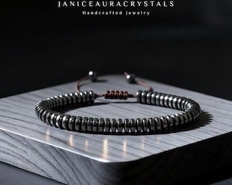 Natural Hematite Rondelle Beaded Bracelet - Grounding Healing Crystal Bracelet - Protection Jewelry Gift