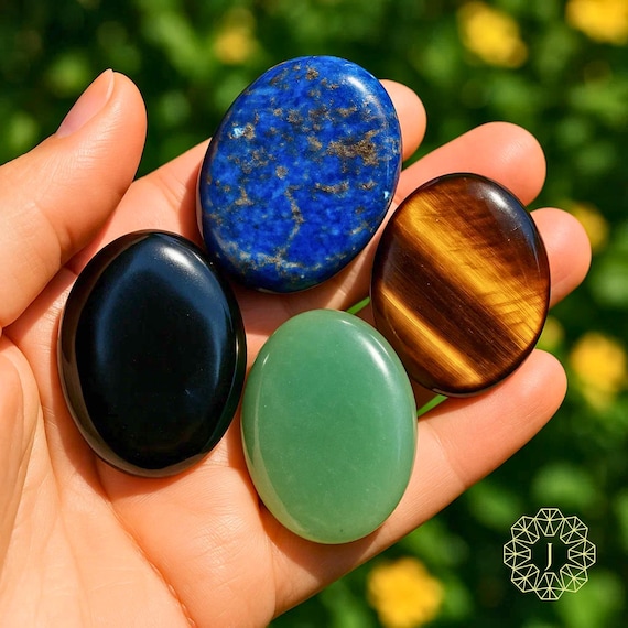 Healing Crystal Palm Stone Set: Lapis Lazuli, Tiger Eye, Black Obsidian, Clear/Rose Quartz, Green Aventurine Worry Stones