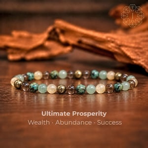 May include: A beaded bracelet featuring alternating round turquoise, clear, and metallic gold-toned beads. The text below the bracelet reads: Ultimate Prosperity, Wealth · Abundance · Success. The beads are arranged in a repeating pattern.