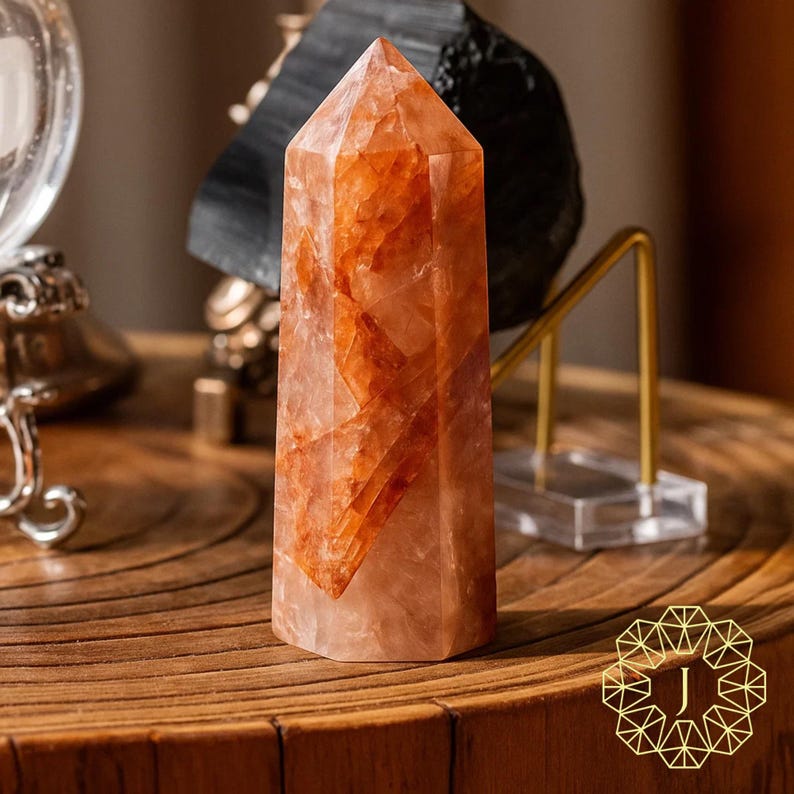 May include: A tall, orange-red crystal point with a faceted top. The crystal has internal patterns and variations in color. It is displayed on a wooden surface, with other decorative items in the background. The crystal is a decorative item.