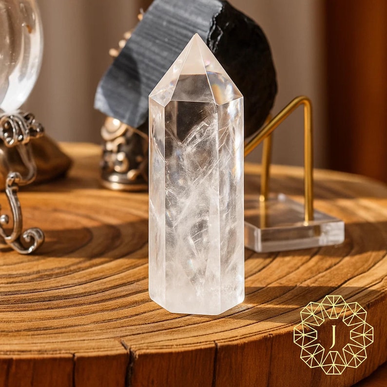 May include: A clear quartz crystal point stands on a wooden surface. The crystal is hexagonal and tapers to a point. Other decorative objects are in the background, including a black stone and a gold-coloured metal stand.