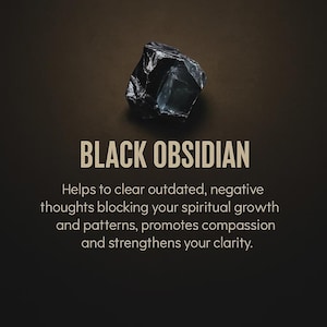 May include: A dark, glossy black obsidian stone against a brown background. The text "BLACK OBSIDIAN" is displayed below the stone, with additional text describing its properties. The stone is a natural, raw form.