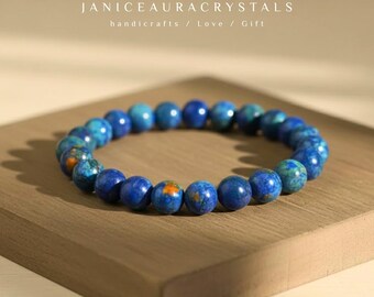Azurite Malachite Crystal Bracelet | 8mm Natural Gemstone Stretch Bracelet, Heart Chakra Healing Gift, Dainty Stacking Friendship Jewelry