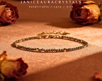 Natural Pyrite Bracelet - 2mm Tiny Gemstone Crystal Dainty Bracelet Minimalist Jewelry, Solar Plexus Chakra, Abundance & Prosperity
