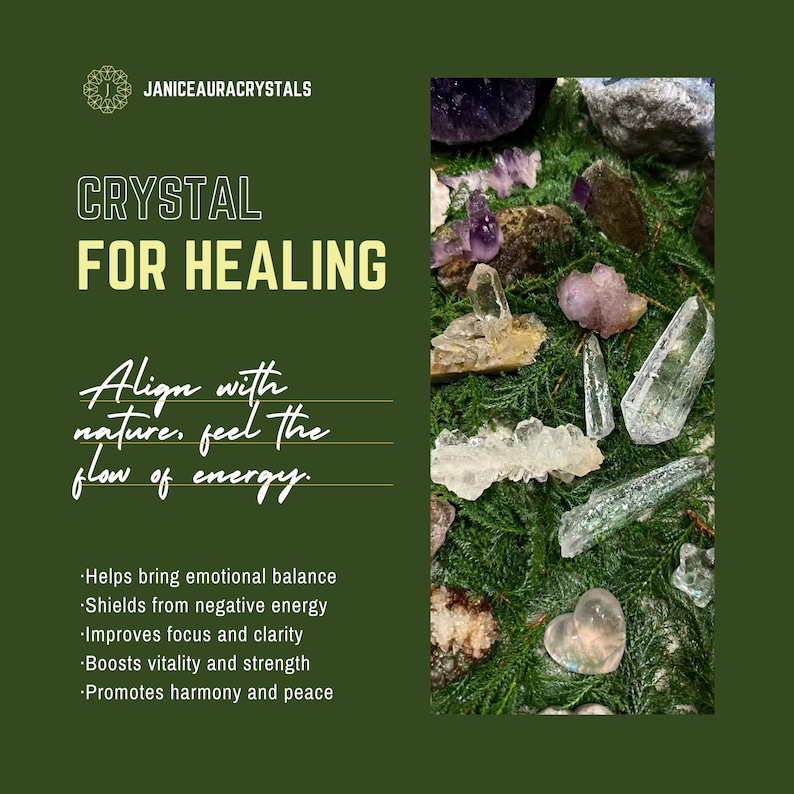 May include: A collection of various raw and polished crystals, including clear quartz points and a heart-shaped stone, arranged on green foliage. The image features the text JANICEAURACRYSTALS, CRYSTAL FOR HEALING, Align with nature, feel the flow of energy.