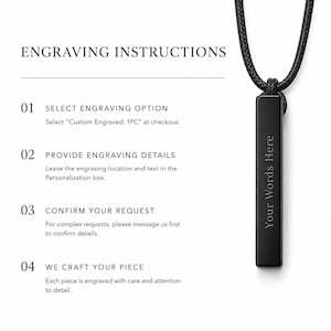 May include: Black rectangular pendant necklace with the text "Your Words Here" engraved on the side. The image also includes engraving instructions: Select Engraving Option, Provide Engraving Details, Confirm Your Request, and We Craft Your Piece.