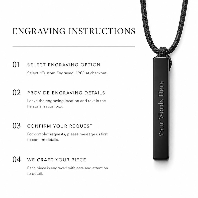 May include: Black rectangular pendant necklace with the text "Your Words Here" engraved on the side. The image also includes engraving instructions: Select Engraving Option, Provide Engraving Details, Confirm Your Request, and We Craft Your Piece.