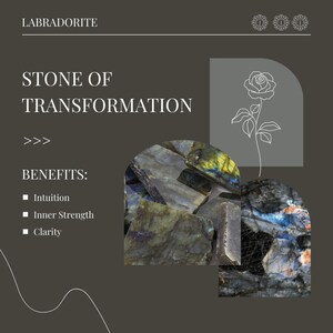 May include: A graphic design featuring the word "LABRADORITE" at the top, with the text "STONE OF TRANSFORMATION" below. The image includes a collection of labradorite stones and lists benefits such as intuition, inner strength, and clarity.