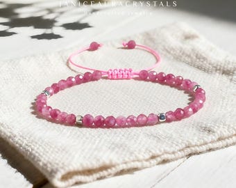 Funkelndes rosa Turmalin Armband | 3 mm zierliche facettierte Perlen | Herz Chakra Love & Healing Schmuck