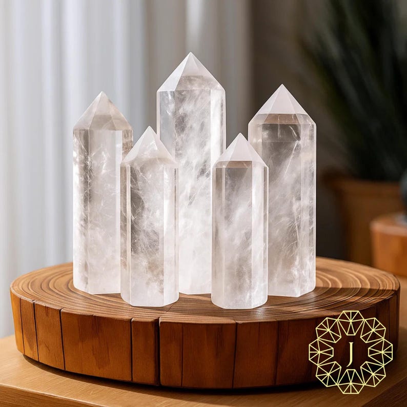 May include: Five clear quartz crystal points of varying heights are displayed on a round, wooden base. The crystals are transparent with internal veining, and the wooden base has a natural, warm brown tone. The crystals are arranged in a cluster.