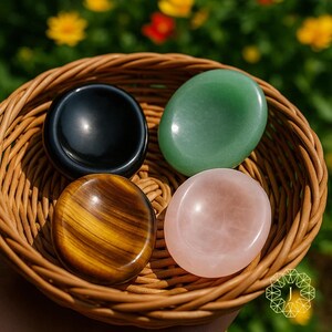 May include: A woven basket holds four polished gemstones: a black obsidian bowl, a green aventurine oval, a rose quartz oval, and a tiger's eye oval. The basket is set against a blurred background of green foliage and yellow flowers.