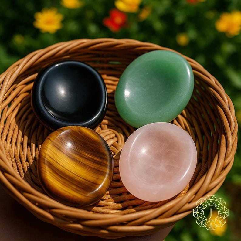 May include: A woven basket holds four polished gemstones: a black obsidian bowl, a green aventurine oval, a rose quartz oval, and a tiger's eye oval. The basket is set against a blurred background of green foliage and yellow flowers.