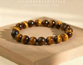 Genuine Tiger’s Eye Beaded Bracelet - 8mm Natural Gemstone Stretch Bracelet | Protection & Confidence Crystal Gift for Her, Gift for Him