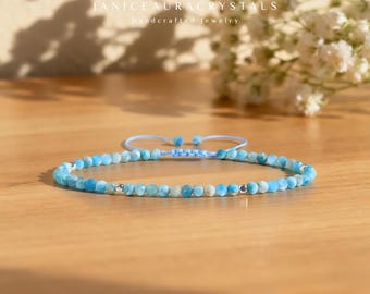 Larimar Stone Bracelet - Ocean Blue Natural Gemstone Beaded Braided Bracelet - Healing Crystal Jewelry