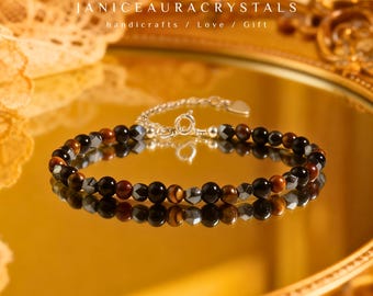 Dreifach Schutz Obsidian Tigerauge Hämatit Armband, zierliche natürliche Kristall Schmuck für die Erdung, Minimalist Chakra Armband Geschenk