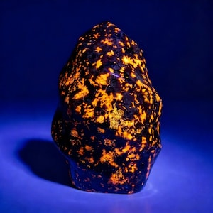 May include: A unique, irregularly shaped sodalite specimen. The rock is a deep blue color, speckled with vibrant orange and yellow fluorescent patches. The stone is set against a dark blue background, highlighting its natural beauty.