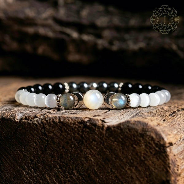 Empath Protection Bracelet - Moon Phase Crystal Jewelry - Black Tourmaline Selenite Hematite Healing Bracelet