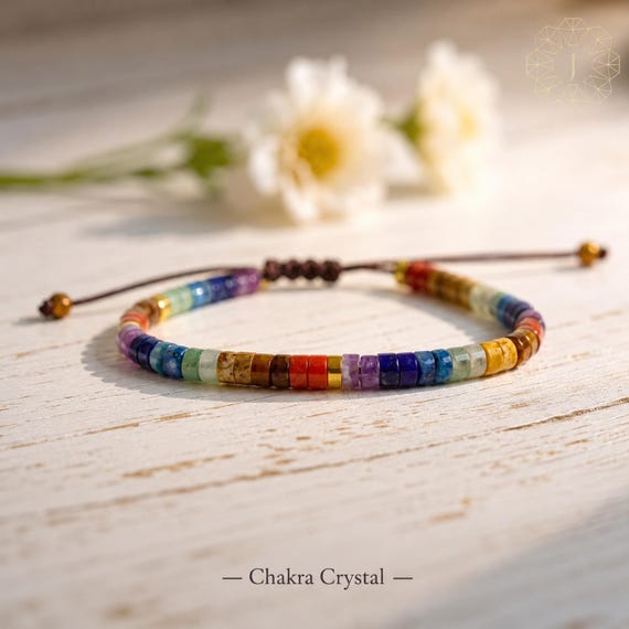 Chakra Balance Bracelet, Delicate Rainbow Crystal Jewelry, Minimalist Gemstone Heishi Bracelet, Gift for Her