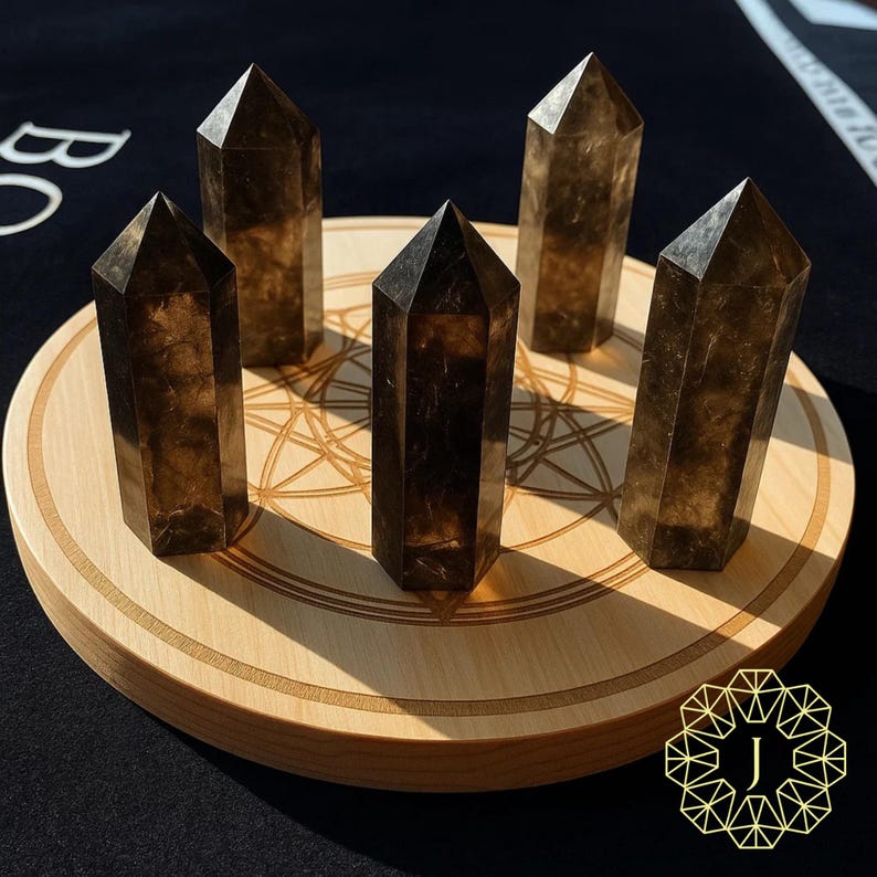 May include: Five smoky quartz crystal points arranged on a light wood, round, engraved surface. The crystals are dark brown and have a polished, faceted appearance. The wooden surface has a geometric design and a decorative border. A logo is in the lower right corner.
