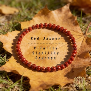May include: A red jasper beaded bracelet. The bracelet is made of small, round, reddish-brown beads. Text on the image reads "Red Jasper, Vitality, Stability, Courage."