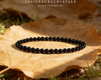 Black Tourmaline Protection Bracelet - 4mm Natural Healing Stone Bracelet - Root Chakra Crystal Gifts