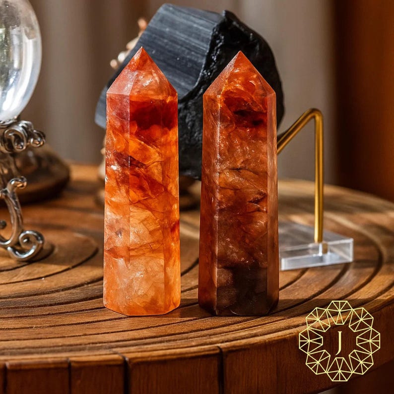 May include: Two orange and brown crystal towers with pointed tops stand on a wooden surface. The crystals have a translucent appearance, with visible internal patterns. A black stone and a decorative gold stand are in the background.