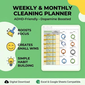 May include: A digital cleaning planner with the text "WEEKLY & MONTHLY CLEANING PLANNER" and "ADHD-Friendly • Dopamine Boosted." The planner includes sections for daily tasks and progress tracking. Icons and text highlight benefits like boosting focus and creating small wins.