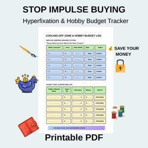 May include: A printable PDF budget tracker titled STOP IMPULSE BUYING Hyperfixation & Hobby Budget Tracker. It features a Cooling-Off Zone & Hobby Budget Log with columns for desired items, prices, dates, wait times, and status, plus an Hourly Cost & Graveyard Log.
