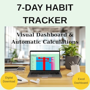 Può includere: Un laptop che mostra un 7-Day Habit Tracker con una dashboard visiva e calcoli automatici. Lo schermo mostra un foglio di calcolo con evidenziazioni rosse e blu. Le parole "Download digitale" e "Dashboard Excel" sono in cerchi gialli.