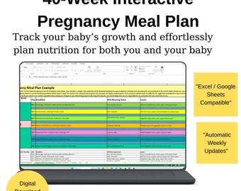 Planificador de nutrición para el embarazo en Excel, planificador de comidas para 40 semanas