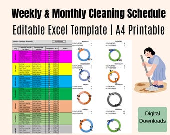 Plantilla de Excel para programar la limpieza del hogar, planificador de tareas, lista de verificación, imprimible digital